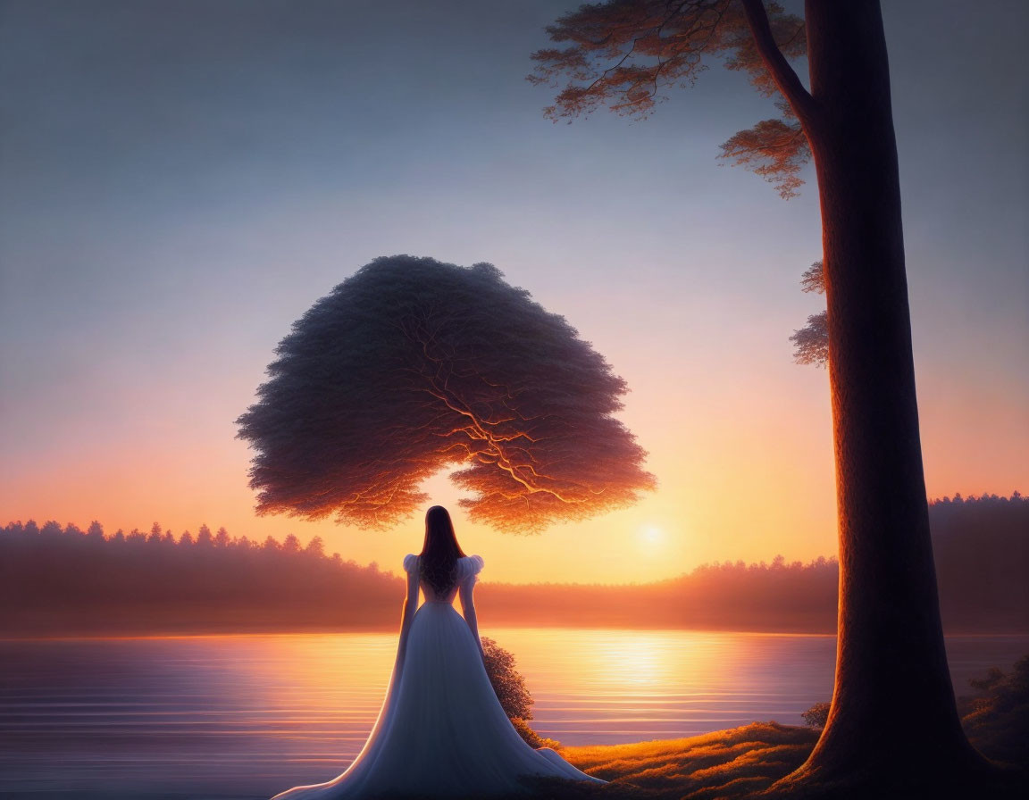 Woman in white dress by lake at sunset with surreal tree silhouette