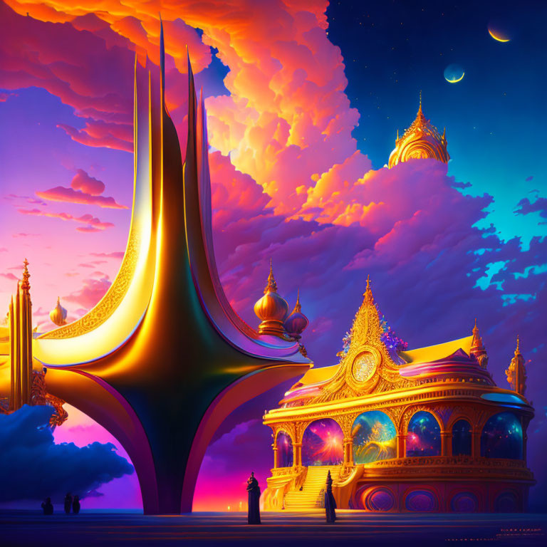 Futuristic cityscape with traditional golden building at sunset