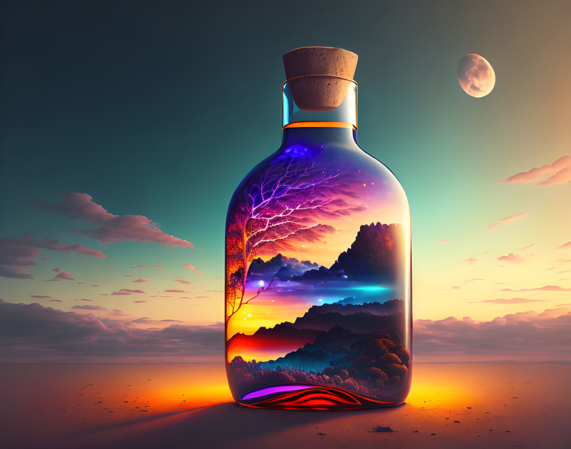 Landscape with tree, mountains, sunset in glass bottle, desert backdrop, twilight sky