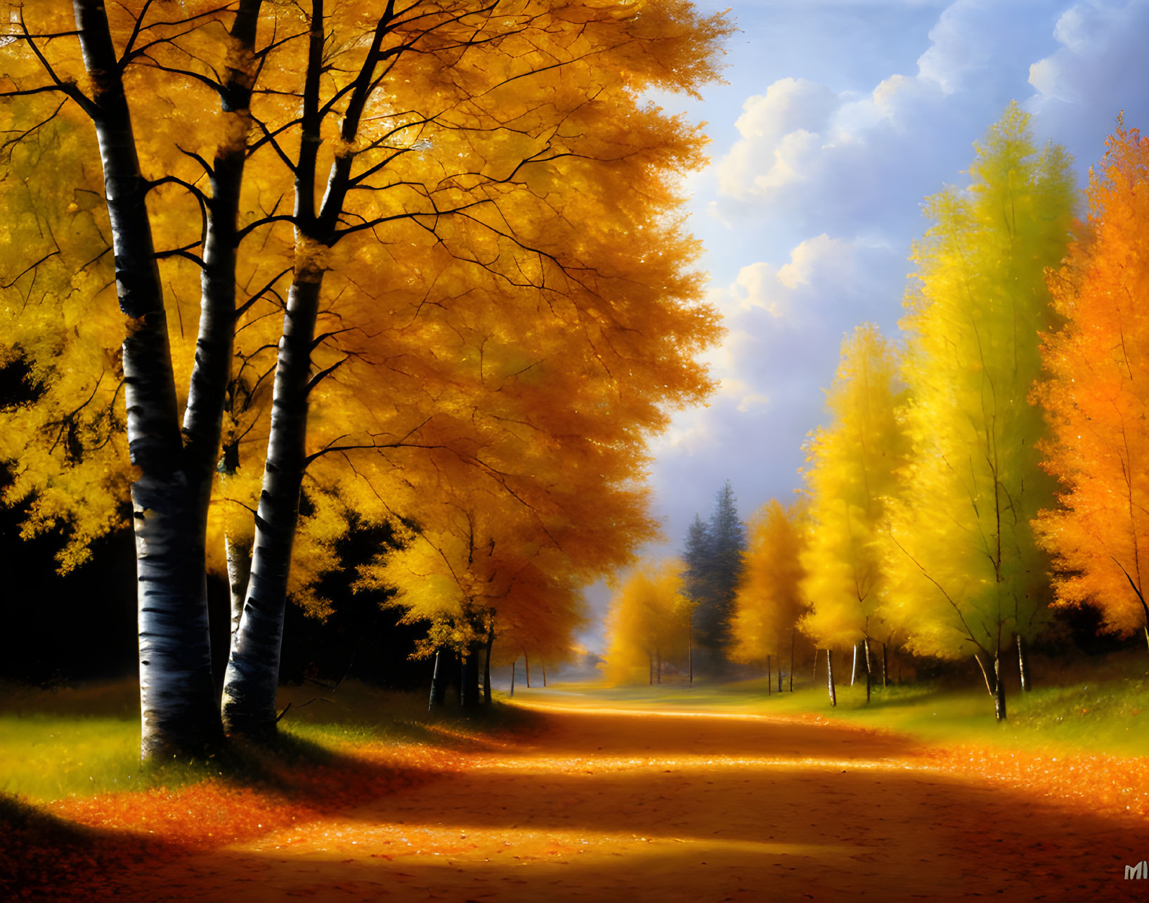 Vibrant autumn path with golden trees and fallen leaves