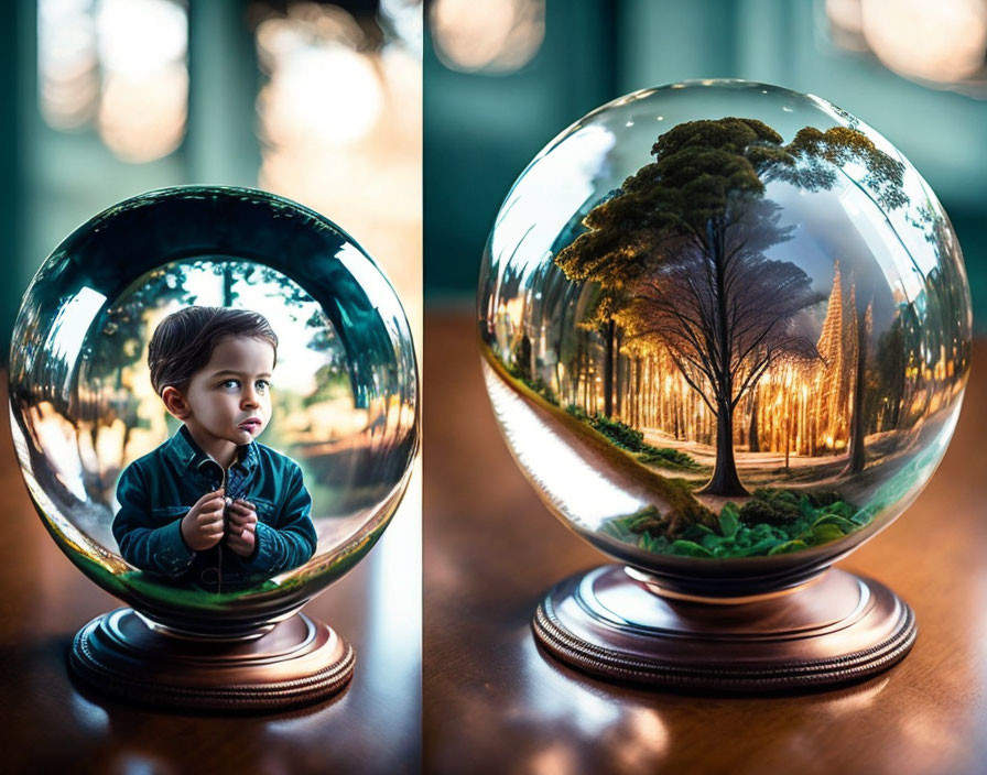 Child beside crystal ball reflects inverted tree-lined path in warm, bokeh-lit scene