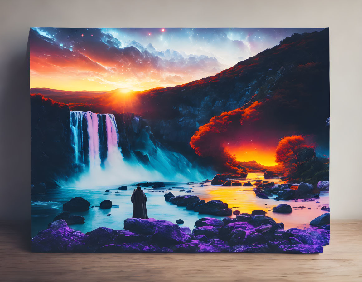 Colorful Landscape Canvas Print with Waterfall, River, Sunset, and Figure