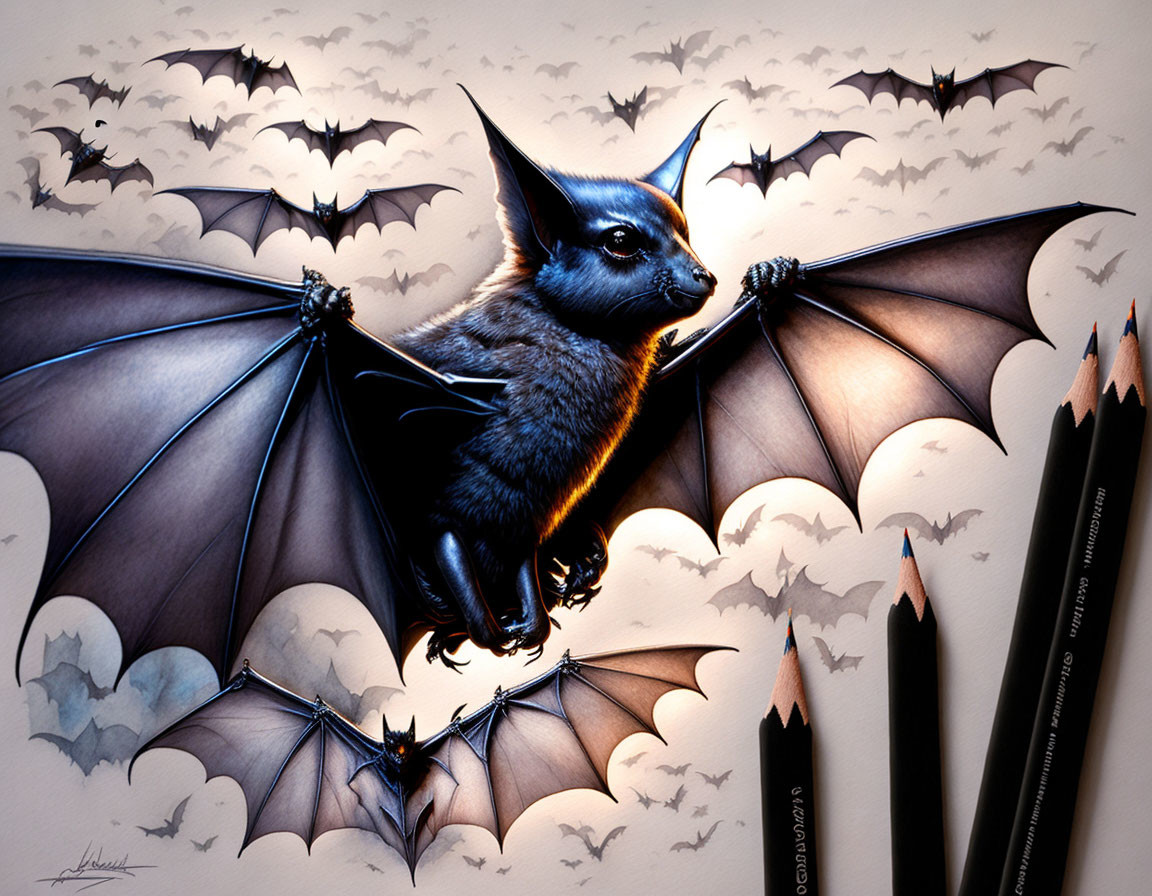 Realistic bat illustration with spread wings and surrounding bats on light background