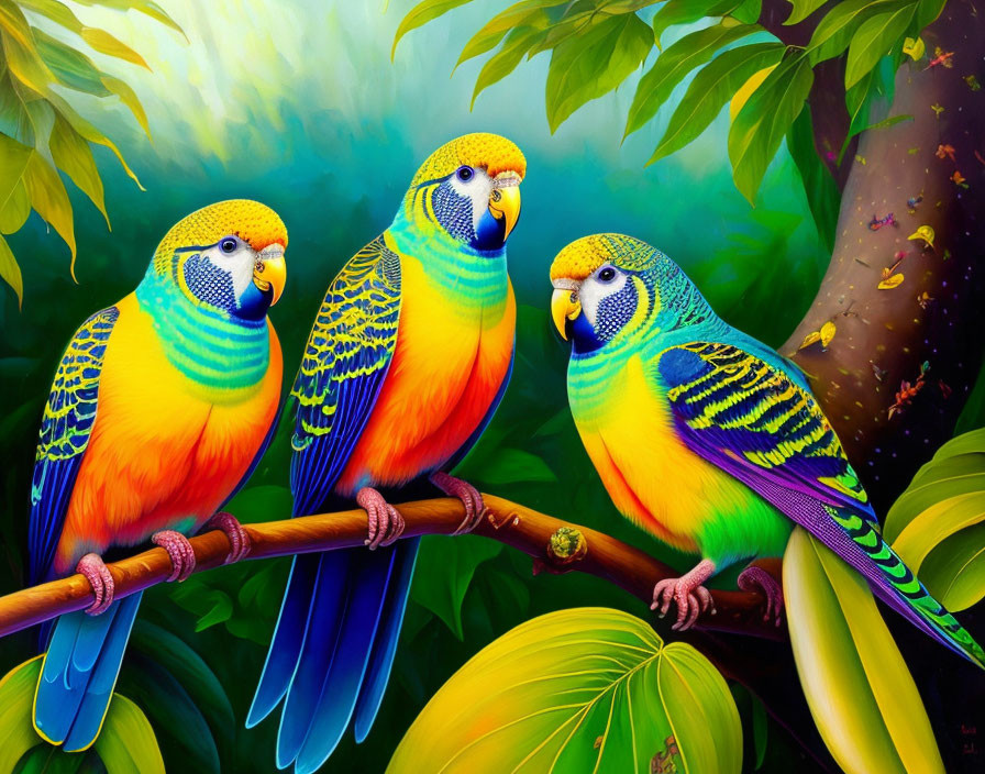 Colorful Parakeets Perched on Branch in Green Forest