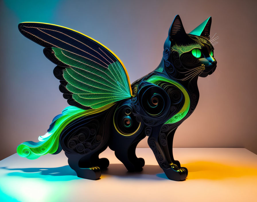 Colorful Winged Cat Statue with Neon Accents on Gradient Background