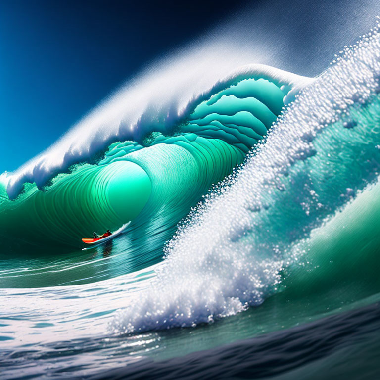 Surfer Riding Large Vibrant Blue Ocean Wave