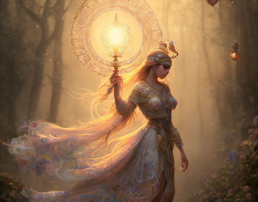 Woman in flowing dress with lantern in enchanted forest with golden light and floating lights.