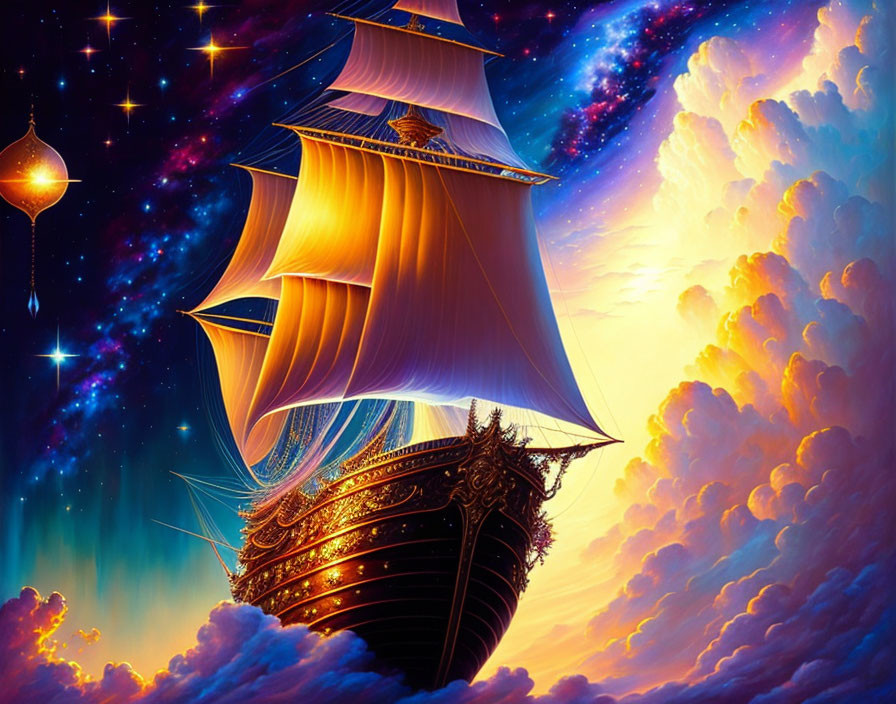 Majestic sailing ship with golden sails in vibrant fantasy sky