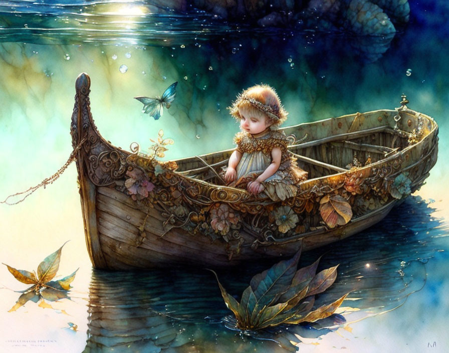 Child in decorative boat surrounded by giant leaves and butterflies in serene setting