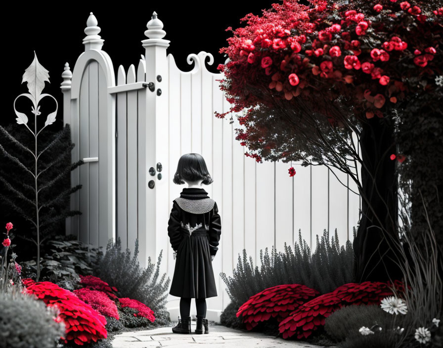 Monochrome child in stylized garden with red flowers and white picket gate