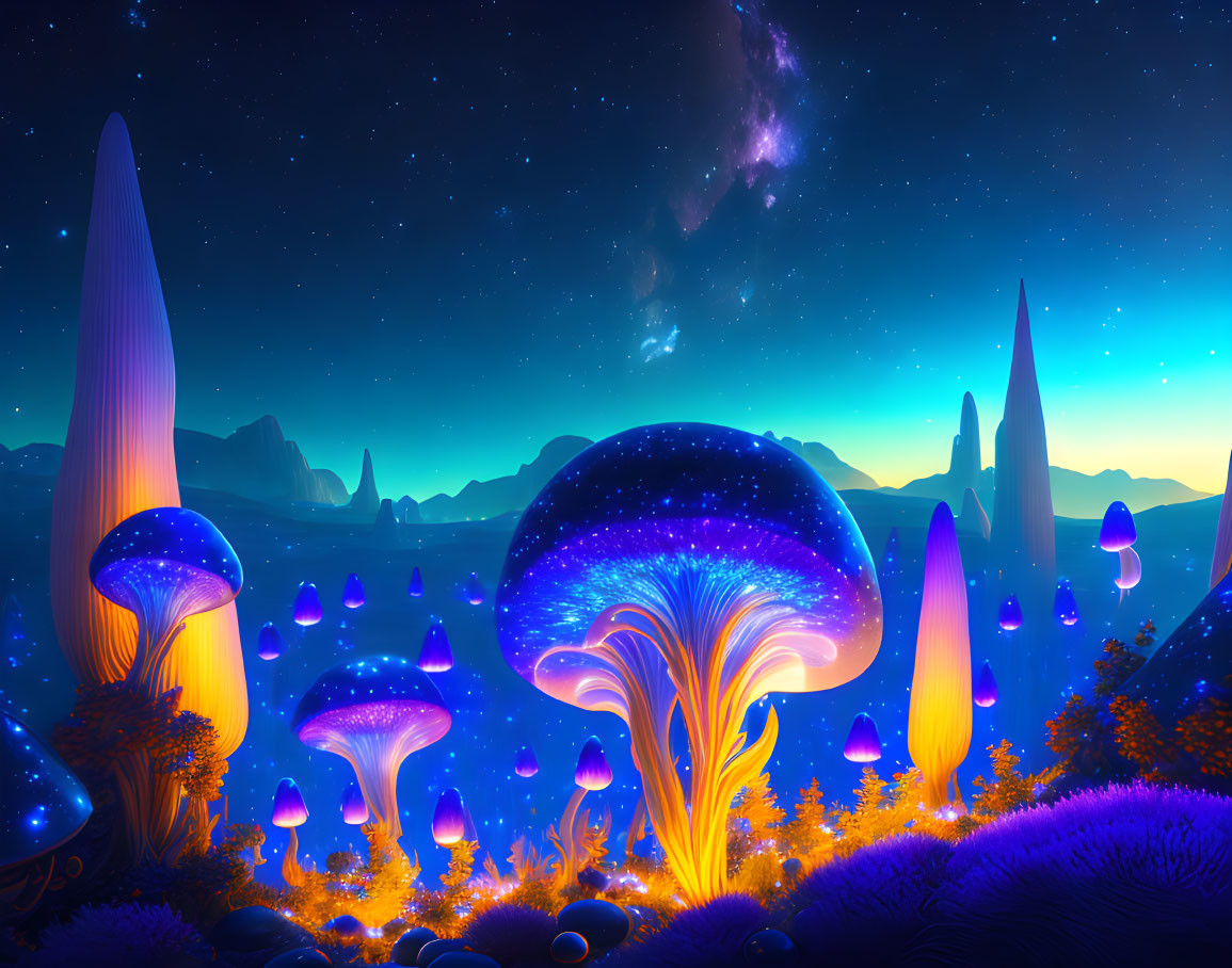 Fantasy Landscape with Luminescent Mushrooms and Glowing Flora