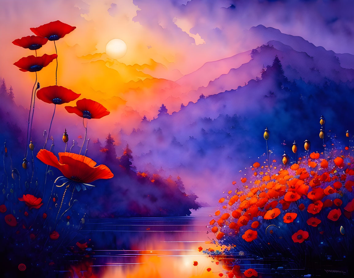 Scenic landscape with red poppies, purple mountains, and serene lake