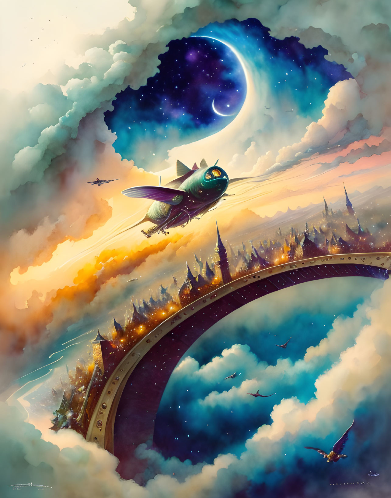 Whimsical crescent moon scene with dirigible flying over curved bridge