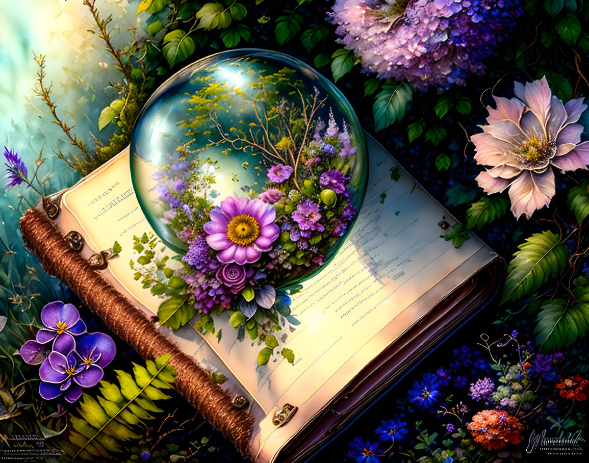 Vibrant flowers and glass orb on open book in magical setting