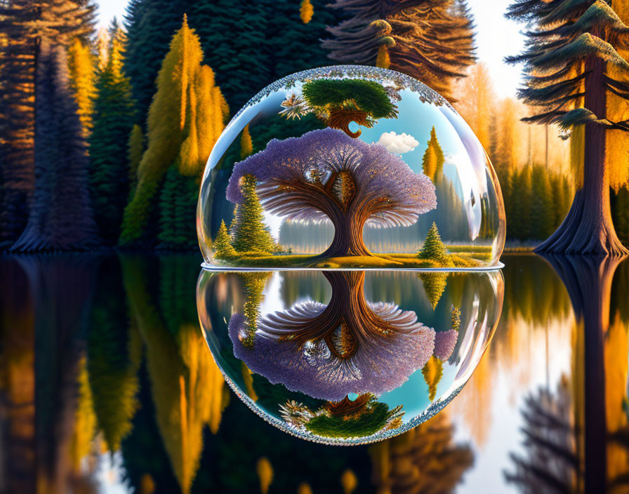 Surreal landscape with inverted tree shapes reflected in crystal ball