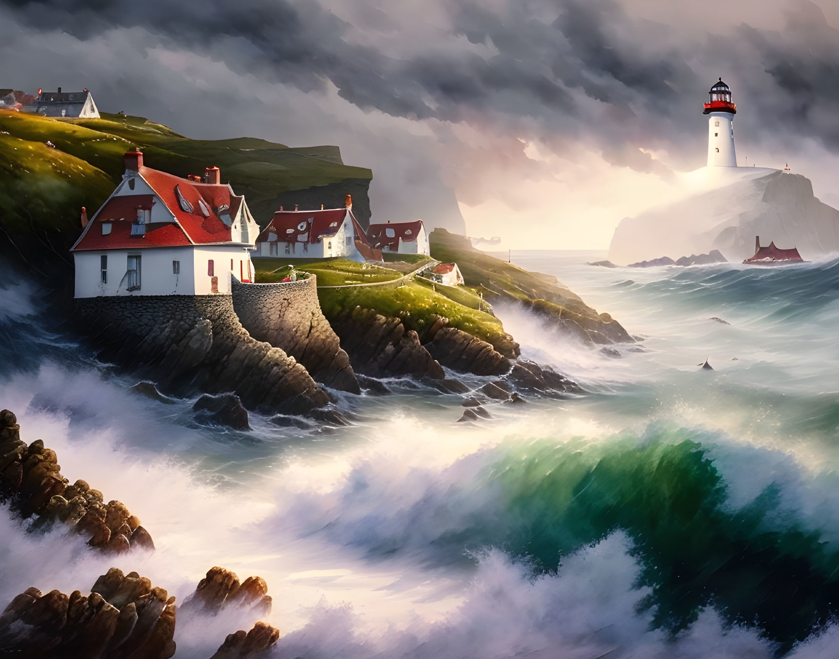 Coastal lighthouse and houses on cliffs with crashing waves under dramatic sky