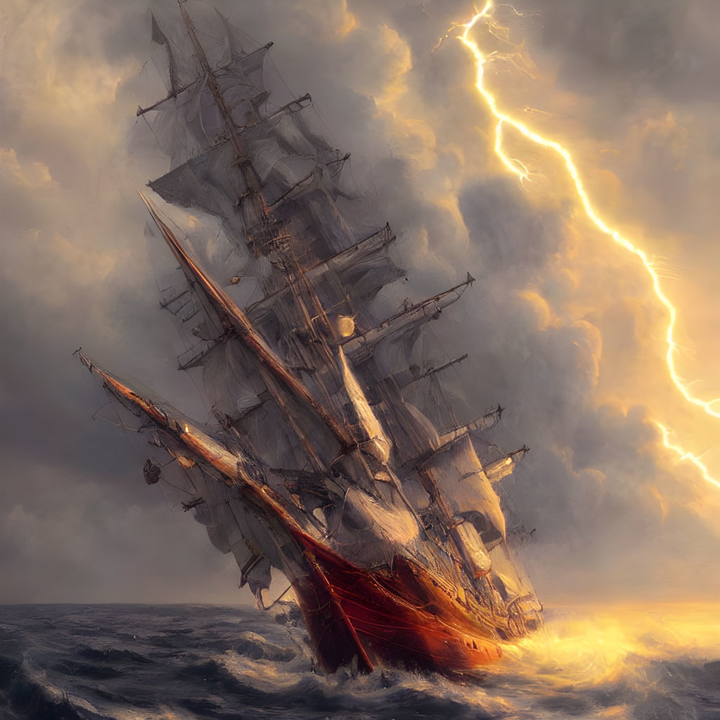 Sailing ship in stormy seas with billowing sails