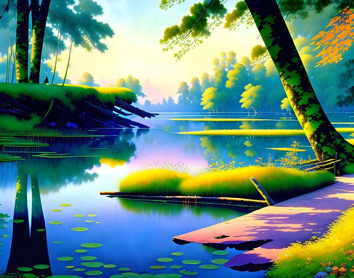 Colorful Animated Landscape: Serene Lake with Water Lilies