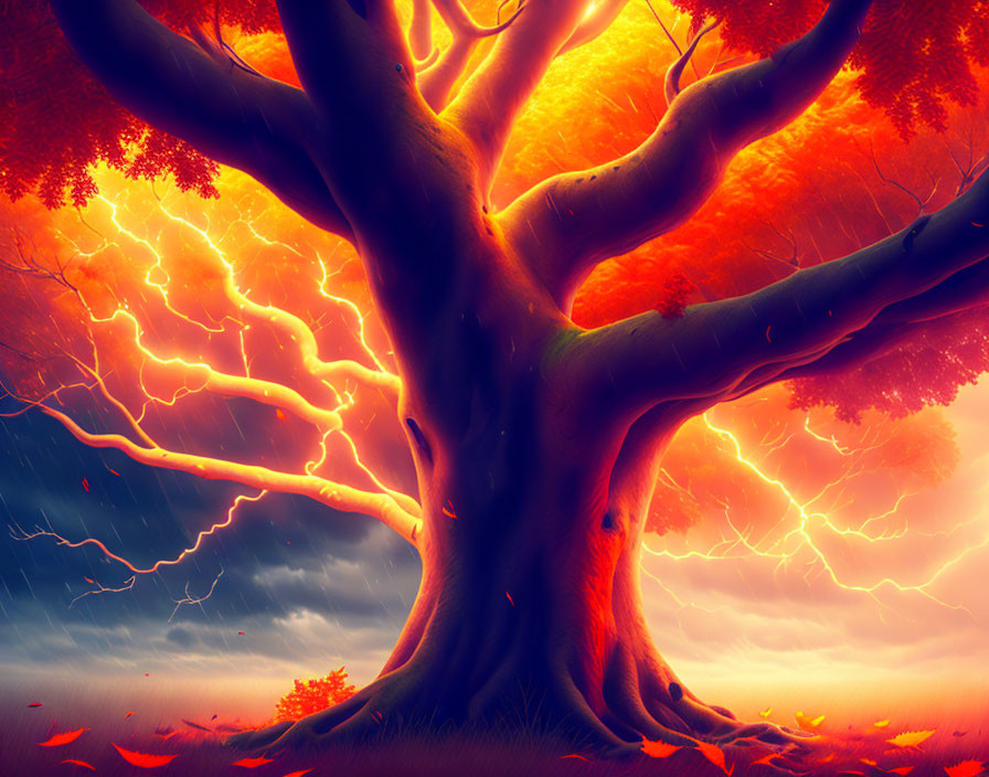 Digital artwork: Massive tree with fiery orange leaves under stormy sky