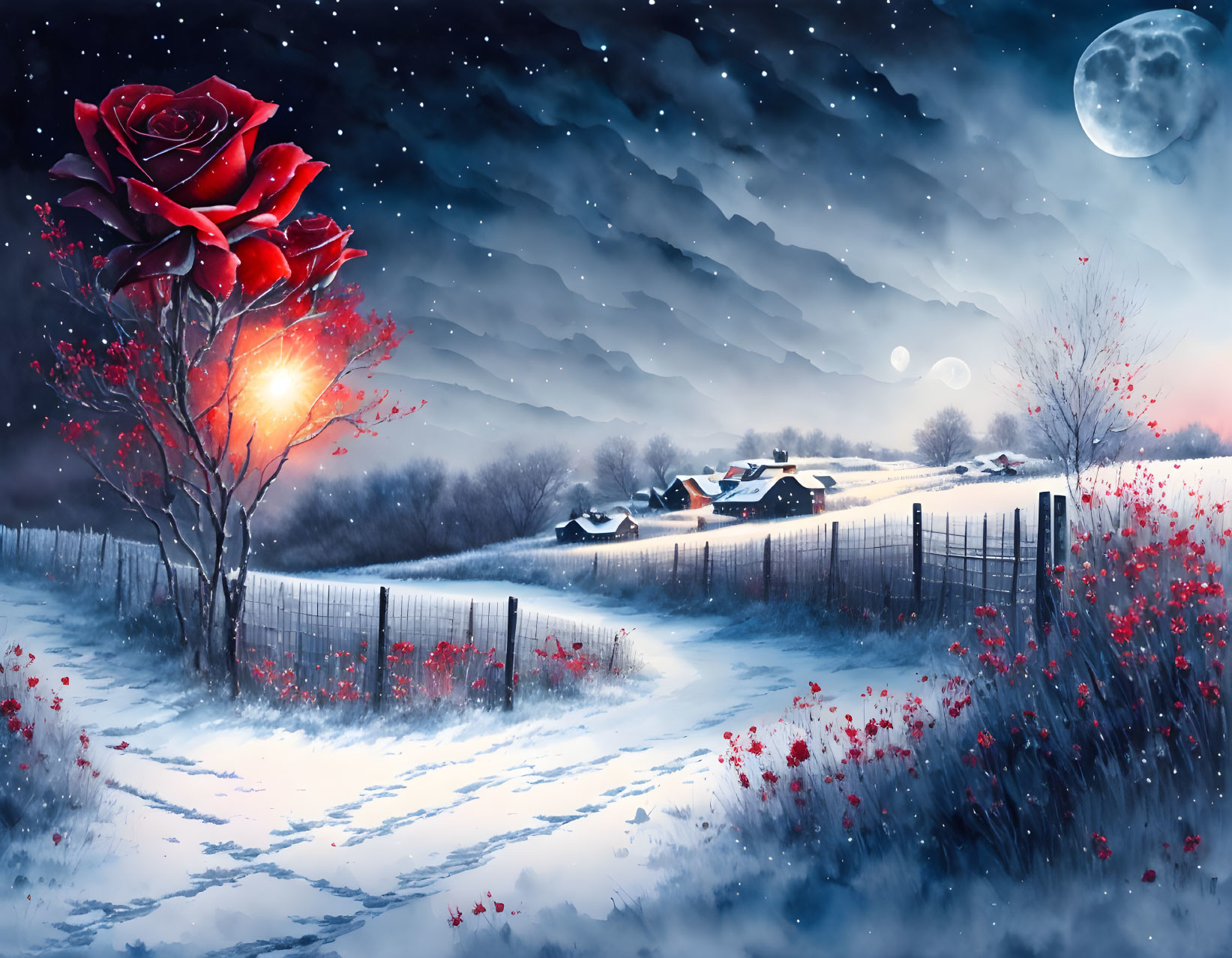 Detailed artwork: Giant red rose, snowy nighttime landscape, full moon, houses, red flowers by fence