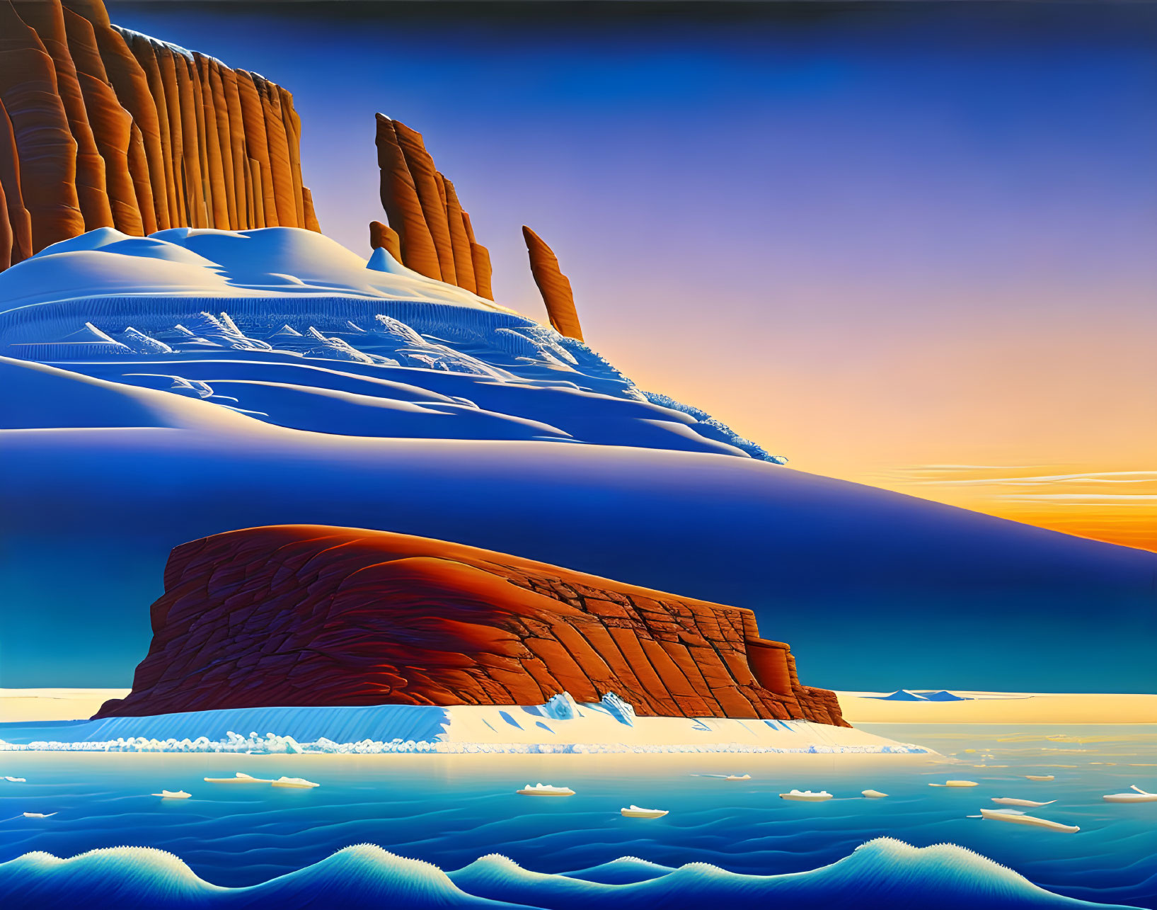 Layered Rock Formations with Snowy Cap, Sea, Icebergs, Sunset Sky