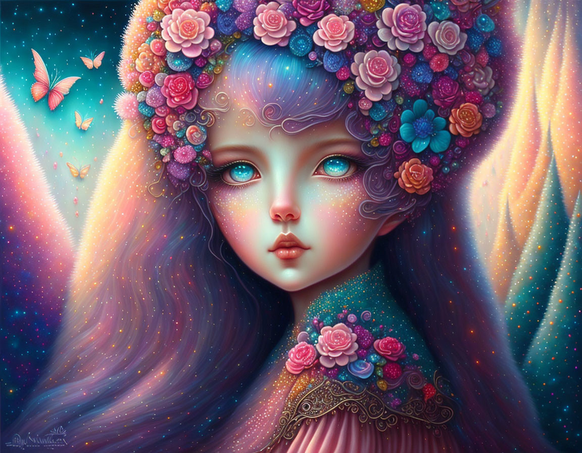 Digital artwork featuring girl with expressive eyes and floral headdress, surrounded by butterflies in cosmic setting