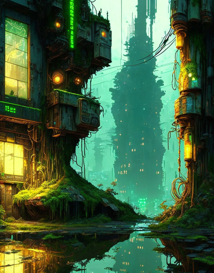 Futuristic cyberpunk cityscape with neon lights and greenery