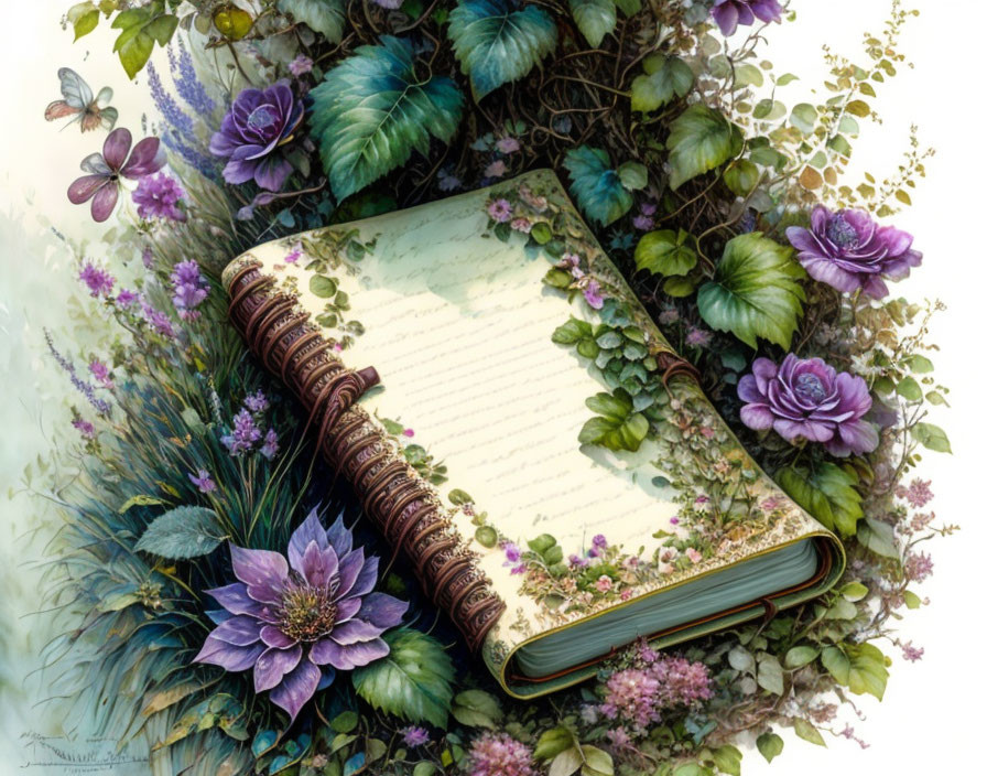 Blank open journal surrounded by lush flowers and butterfly