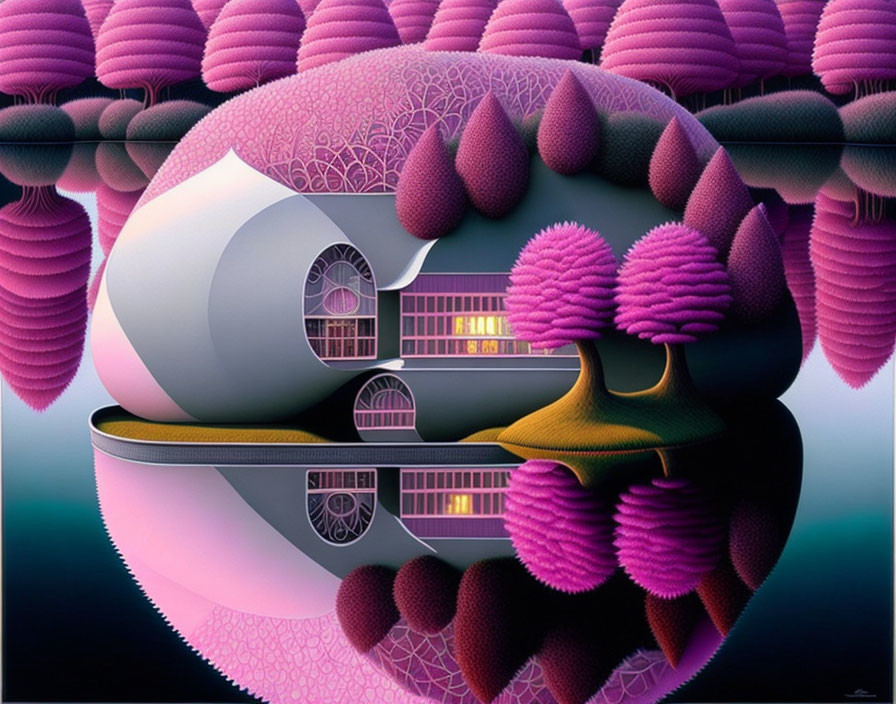 Surreal futuristic landscape with pink trees and yin-yang building at dusk