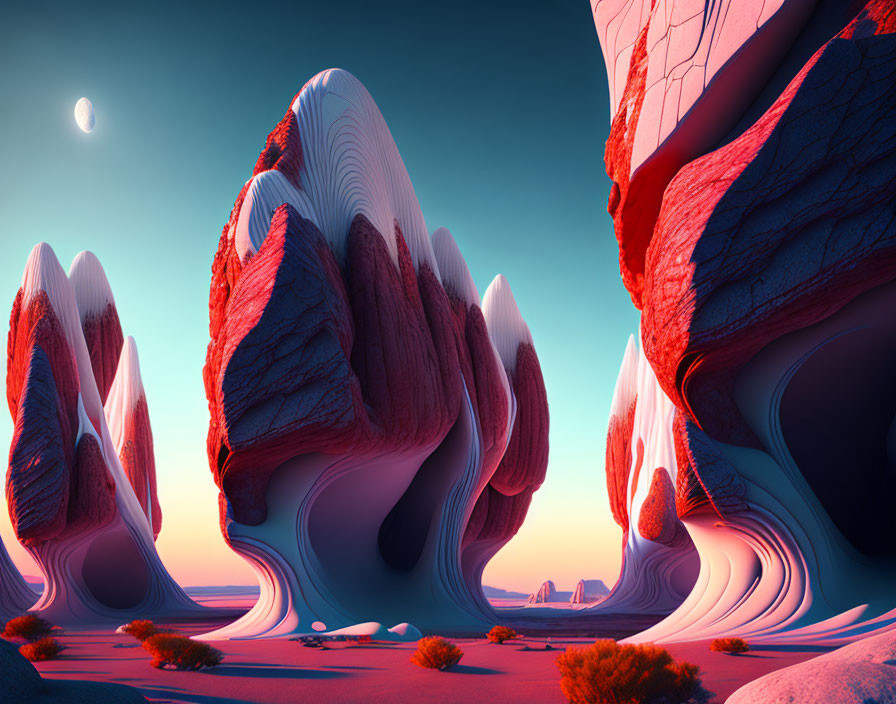 Layered Red and Blue Rock Formations in Surreal Landscape