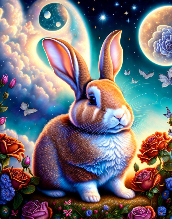 Colorful Rabbit with Roses, Butterflies, Moons, and Stars Illustration