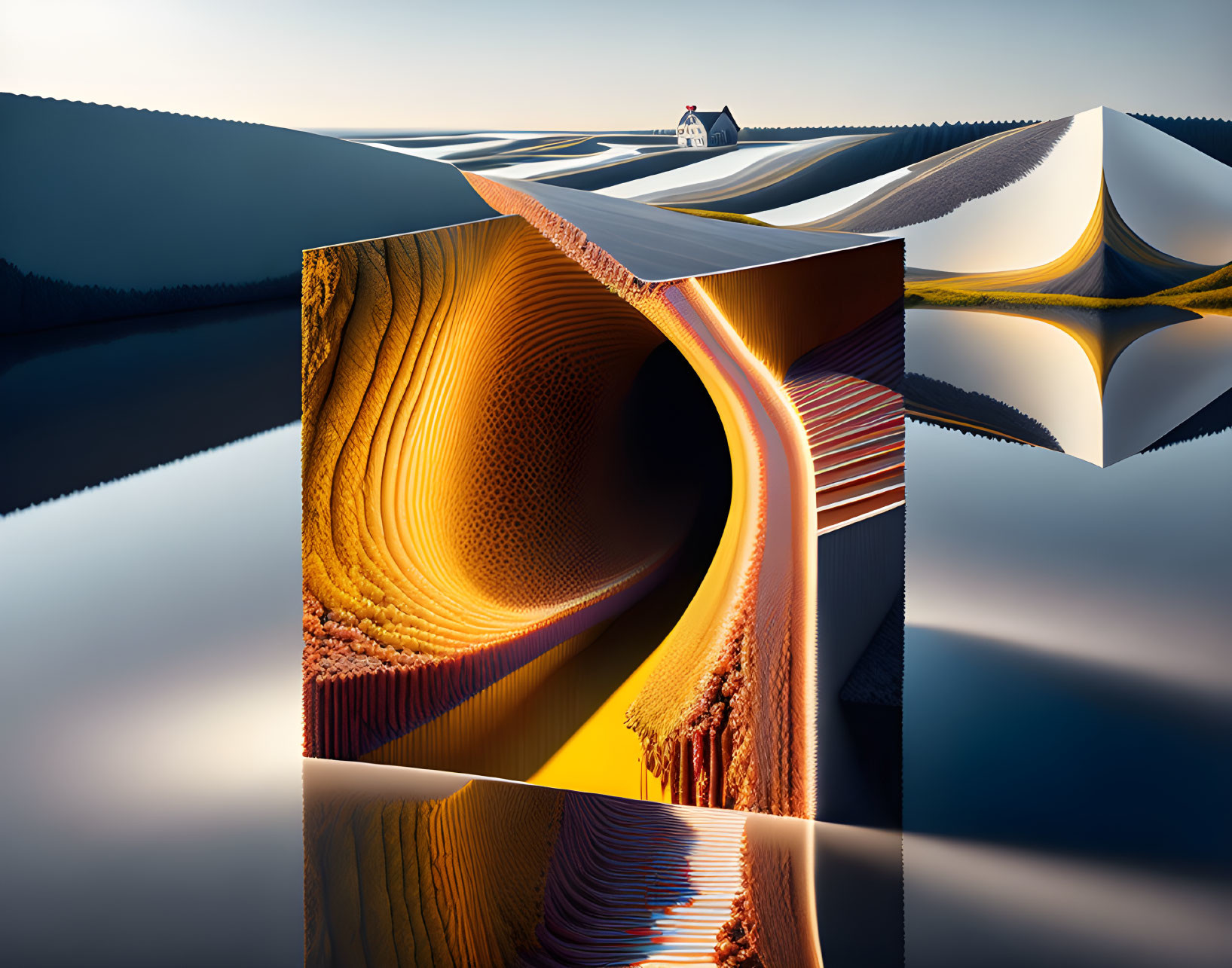 Abstract surreal landscape with reflective surfaces and solitary house atop sand dune