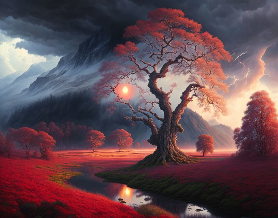 Majestic tree with fiery red leaves in vibrant red landscape