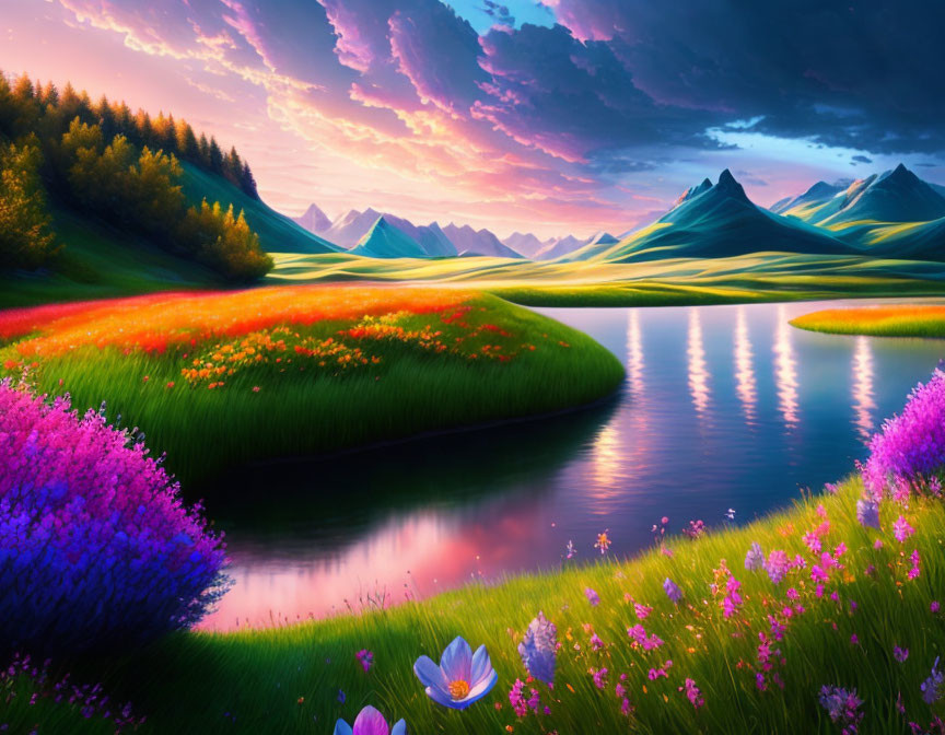 Colorful flowers, lakes, green hills, and purple mountains in serene landscape