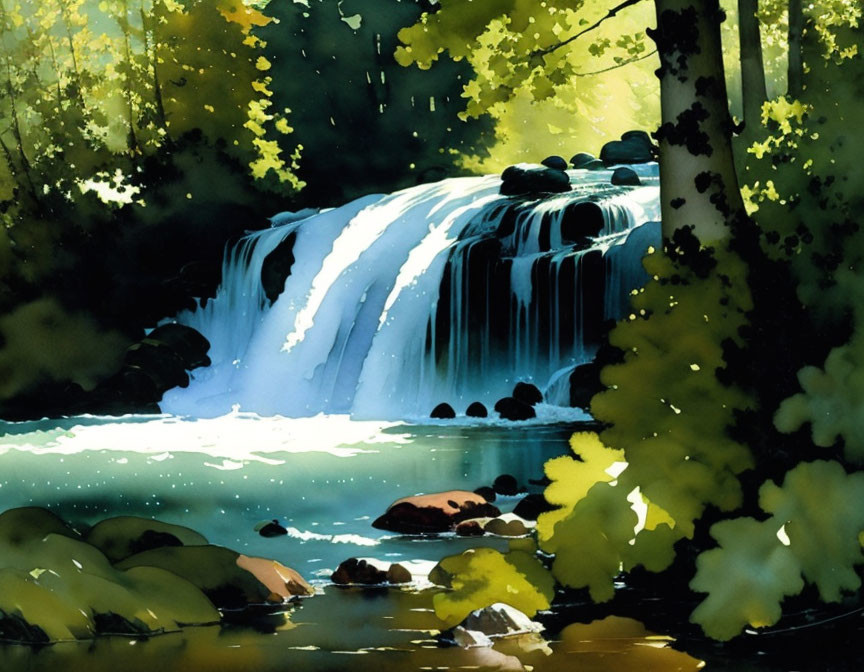 Tranquil waterfall in lush forest setting