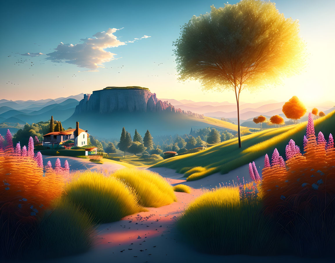 Tranquil landscape with house, fields, tree, hill, and sunset sky