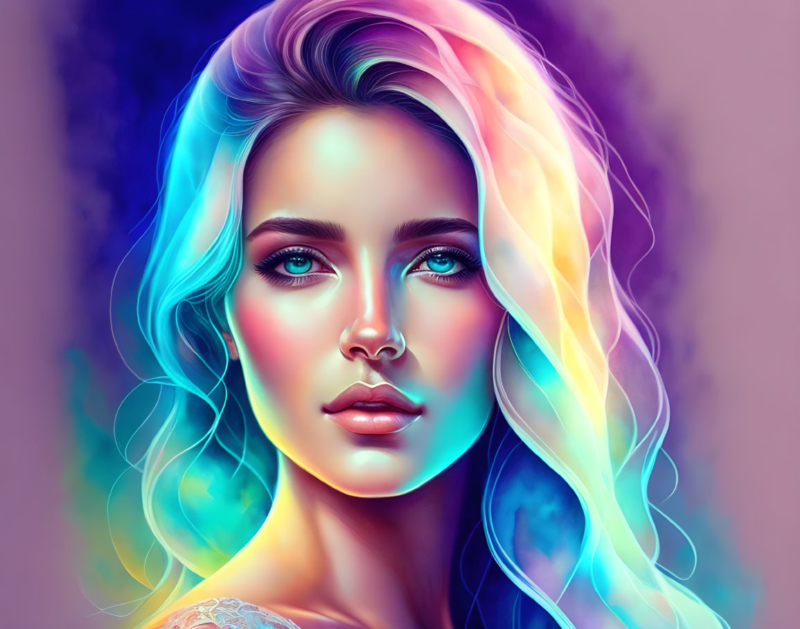 Colorful digital portrait of a woman with rainbow hair and blue eyes on pink and blue backdrop