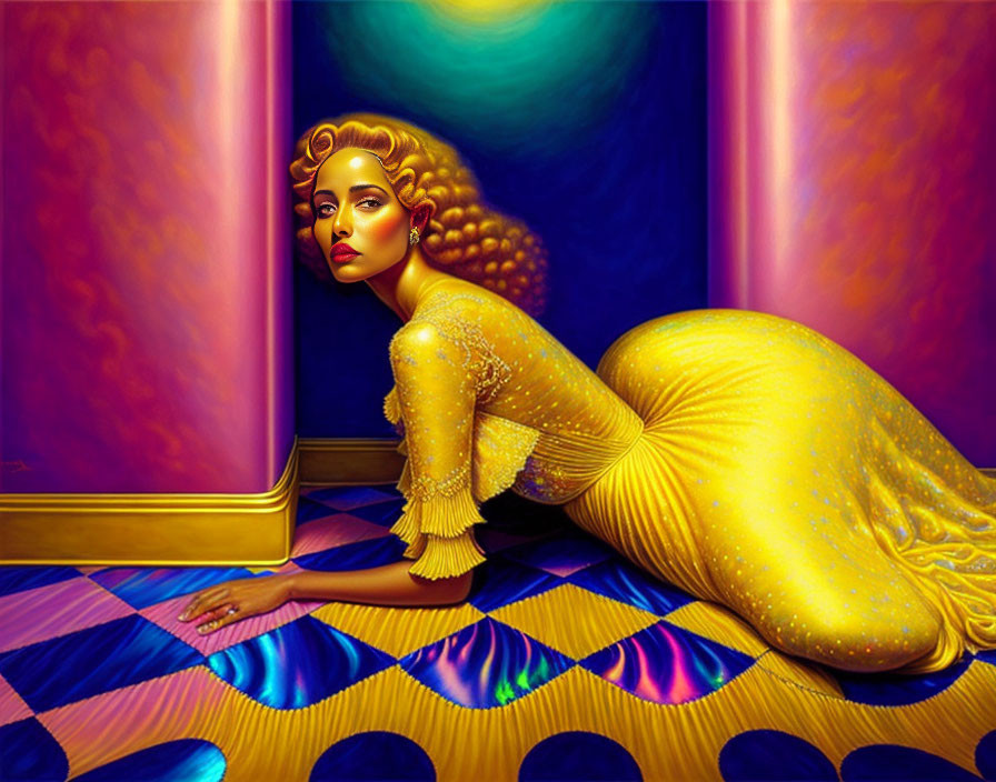 Golden-skinned woman in yellow dress on vibrant backdrop & checkered floor