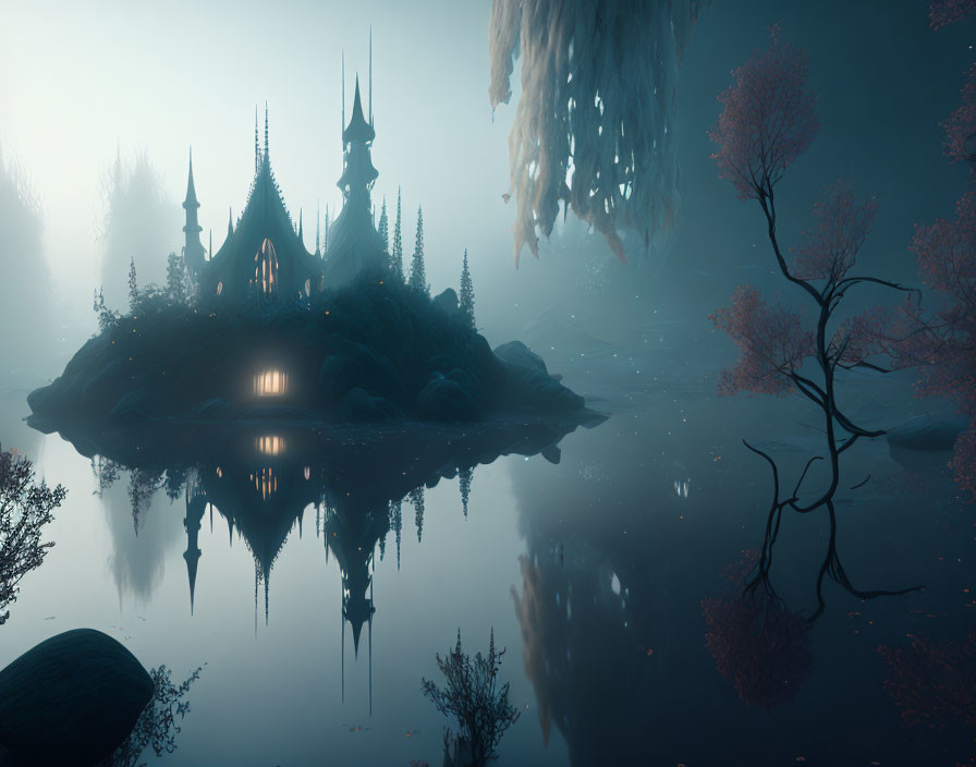 Mystical Gothic castle on islet with foggy twilight reflection