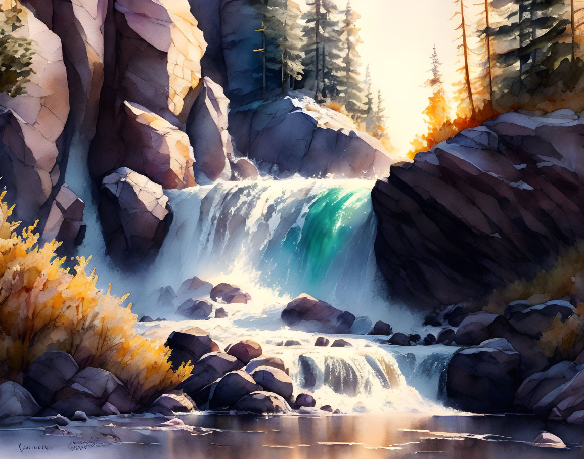 Autumn waterfall painting with rocky cliffs and sunlight