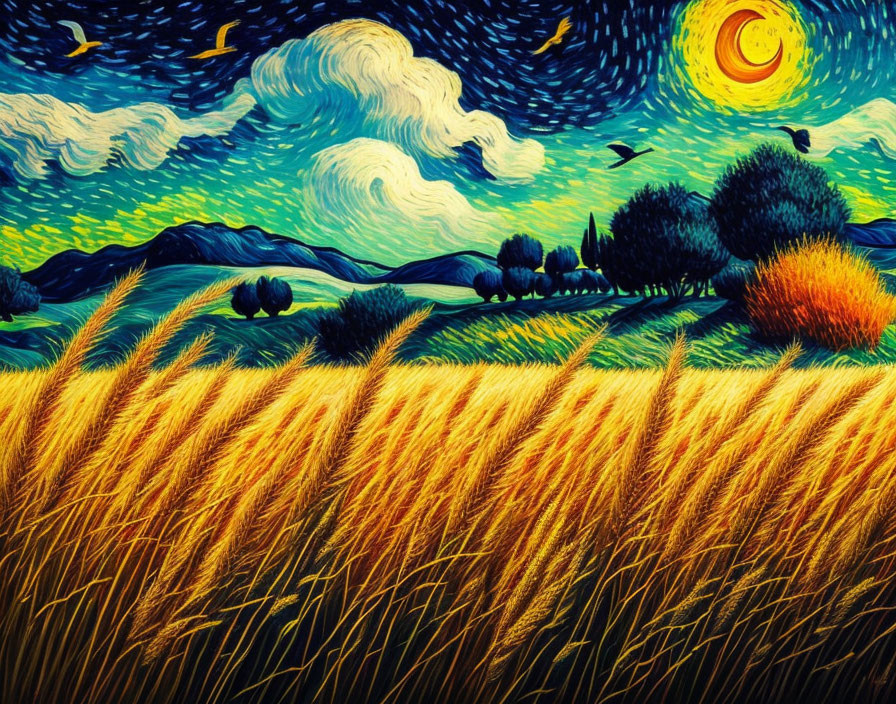 Starry Sky with Crescent Moon Over Golden Wheat Fields