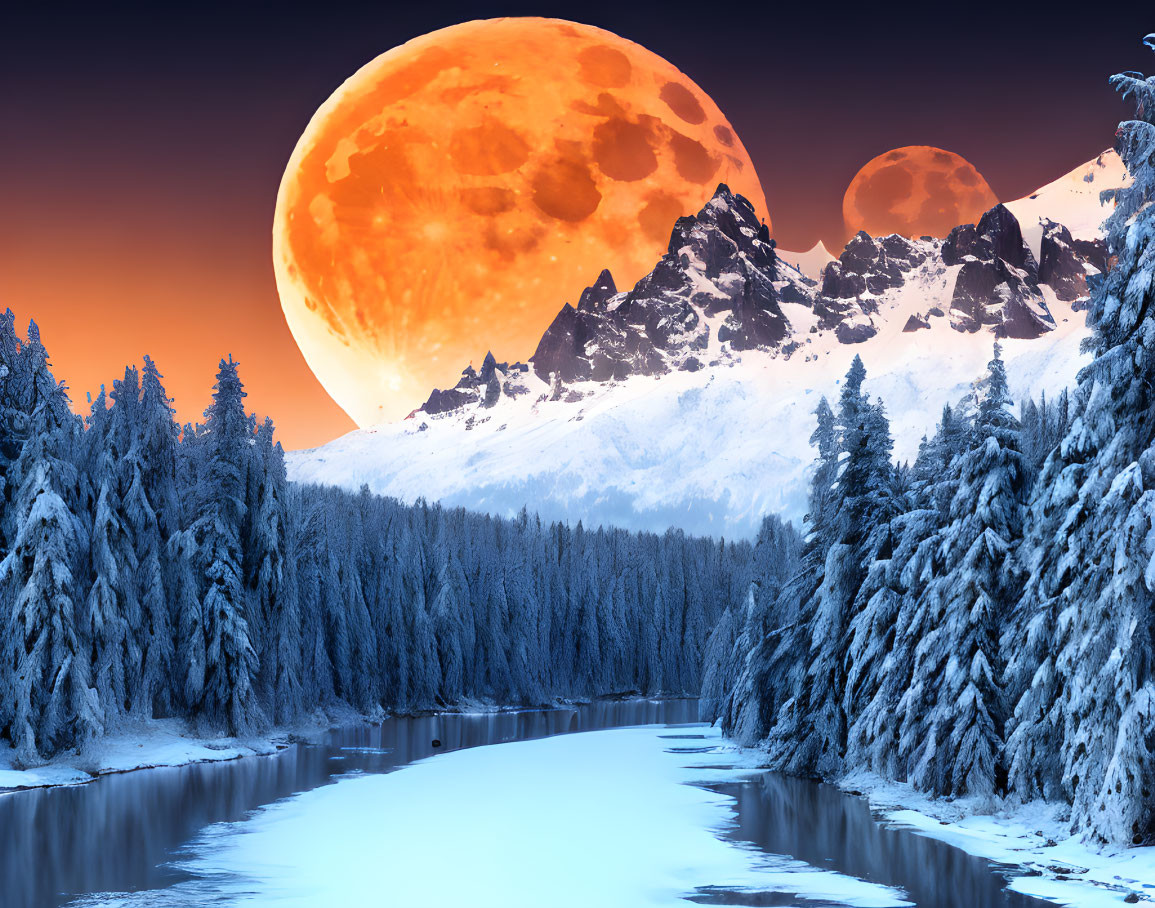 Surreal snowy landscape with pine trees, mountains, and two moons