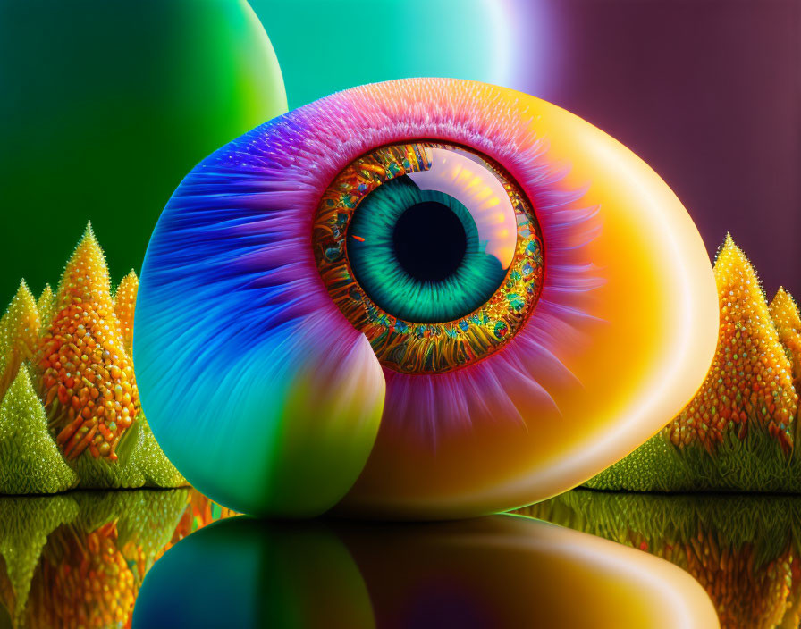 Vibrant surreal landscape with giant eye, cone-like structures, and reflective orbs