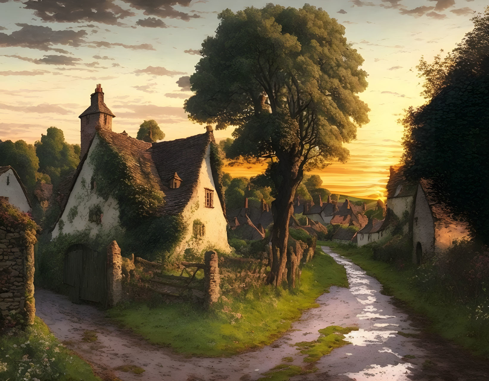 Charming village scene: cobblestone path, quaint houses, lush trees, golden sunset sky