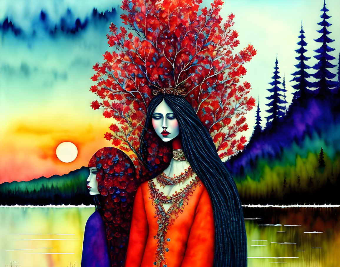 Artwork featuring two figures with autumnal tree-like headpieces in sunset lake and pine forest scene