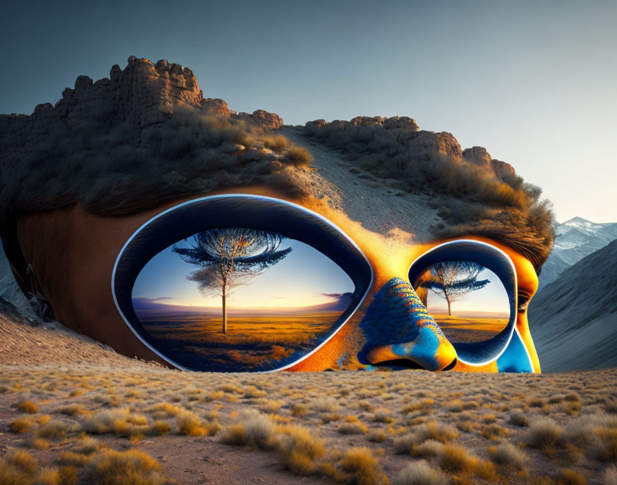 Fantastical eyes in surreal desert landscape at sunset