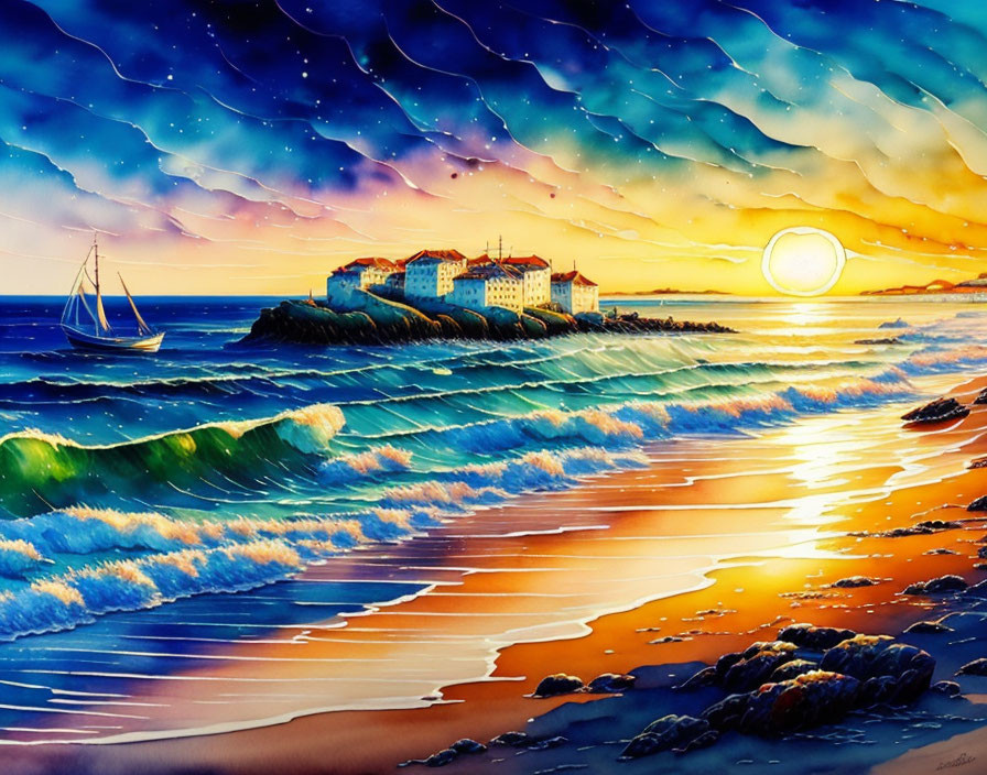 Seaside sunset painting with crashing waves, boat, island building, and starry sky