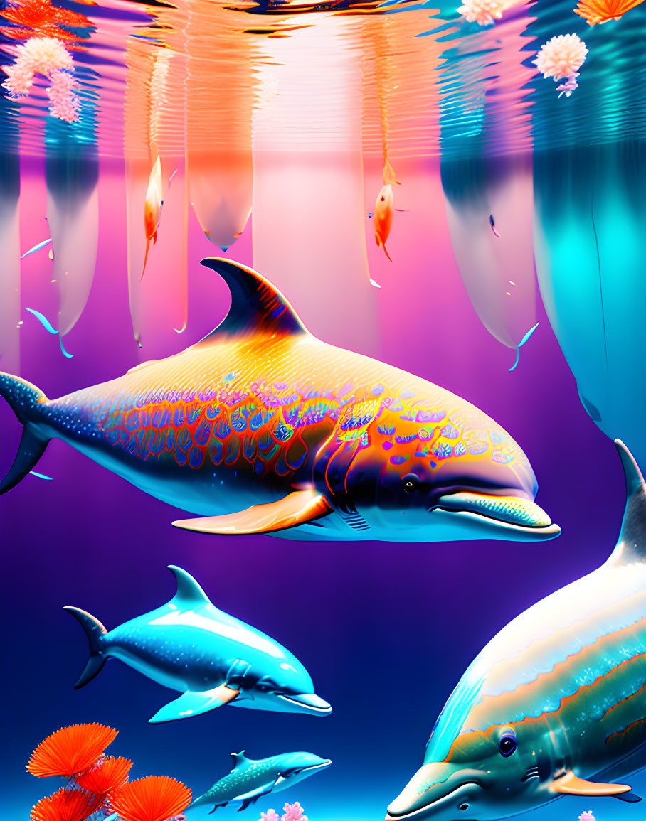 Colorful Underwater Scene with Dolphins, Coral, and Jellyfish