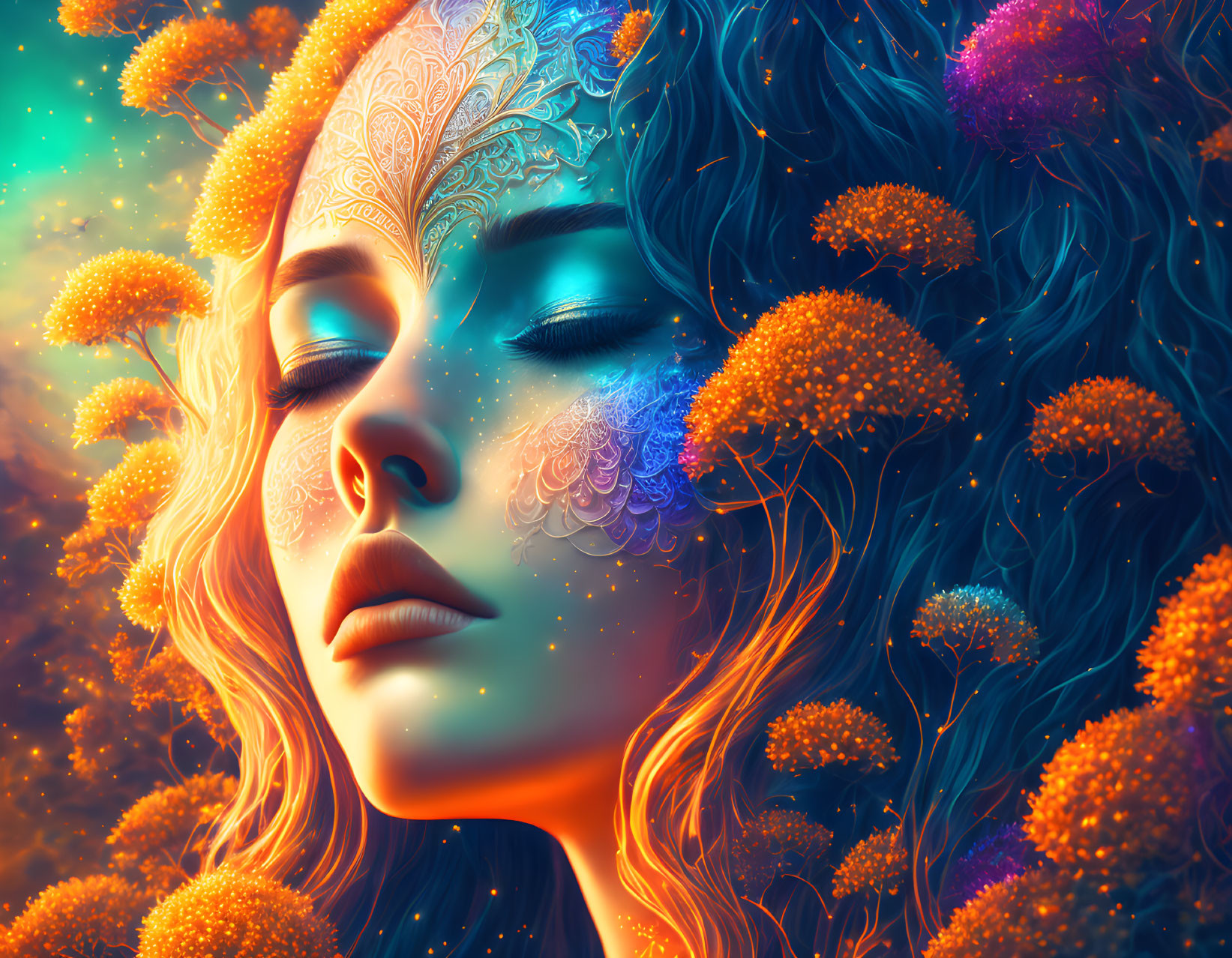 Colorful digital artwork: Woman with blue hair and ornate patterns, surrounded by vibrant flora