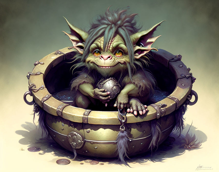 Green-skinned creature with large ears grins in wooden barrel